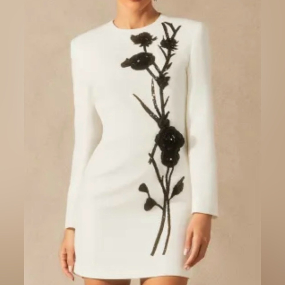 Chic Long Sleeve White Dress with Black Floral Pattern